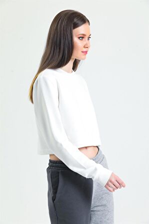 Beyaz Bisiklet Yaka Crop Sweatshirt