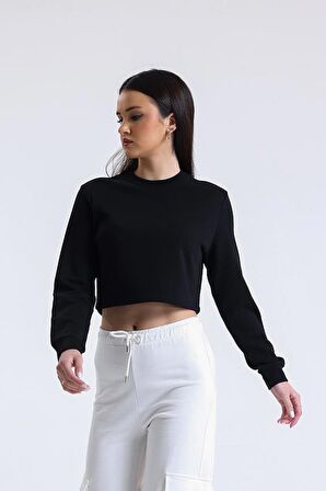 Siyah Bisiklet Yaka Crop Sweatshirt