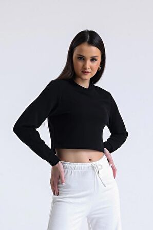 Siyah Bisiklet Yaka Crop Sweatshirt