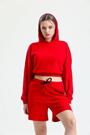 Kırmızı Kapüşonlu Crop Sweatshirt