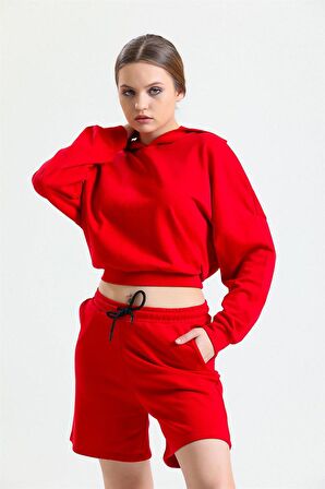 Kırmızı Kapüşonlu Crop Sweatshirt