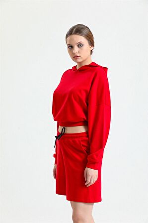 Kırmızı Kapüşonlu Crop Sweatshirt