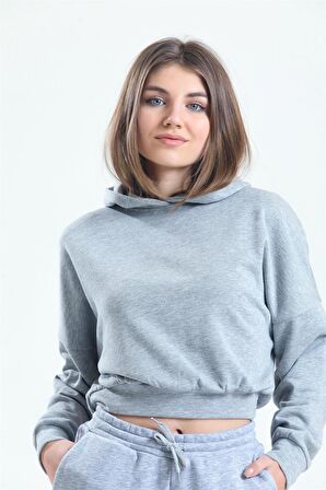 Gri Melanj Kapüşonlu Crop Sweatshirt