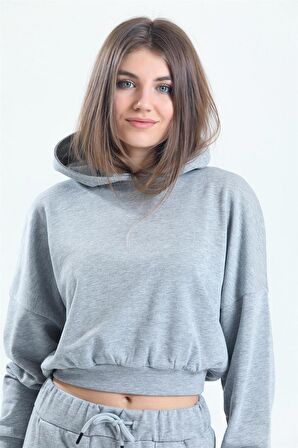 Gri Melanj Kapüşonlu Crop Sweatshirt