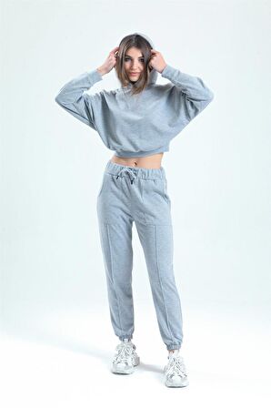 Gri Melanj Kapüşonlu Crop Sweatshirt