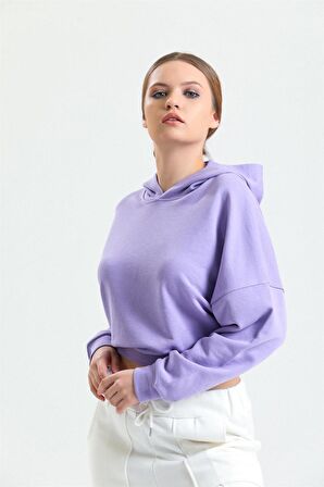 Lila Kapüşonlu Crop Sweatshirt