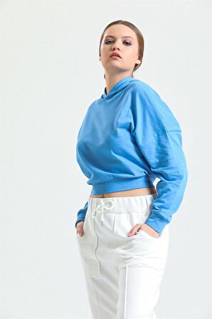 Mavi Kapüşonlu Crop Sweatshirt