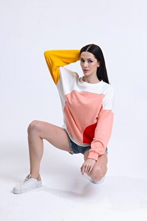 Ekru Parçalı Bisiklet Yaka Sweatshirt