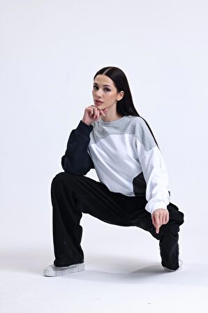 Gri Melanj Parçalı Bisiklet Yaka Sweatshirt