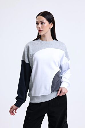 Gri Melanj Parçalı Bisiklet Yaka Sweatshirt