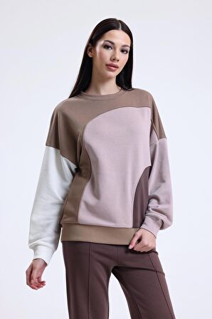 Camel Parçalı Bisiklet Yaka Sweatshirt