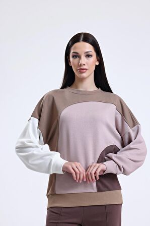 Camel Parçalı Bisiklet Yaka Sweatshirt