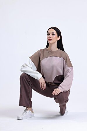 Camel Parçalı Bisiklet Yaka Sweatshirt