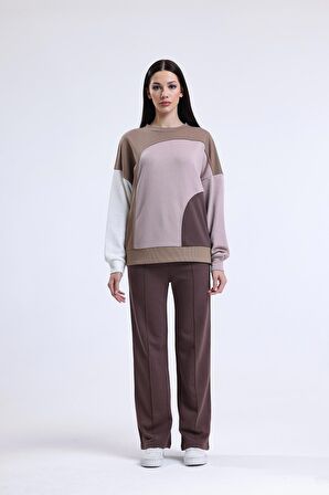 Camel Parçalı Bisiklet Yaka Sweatshirt