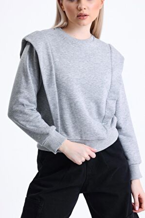 Gri Melanj Omuz Detaylı Bisiklet Yaka Sweatshirt