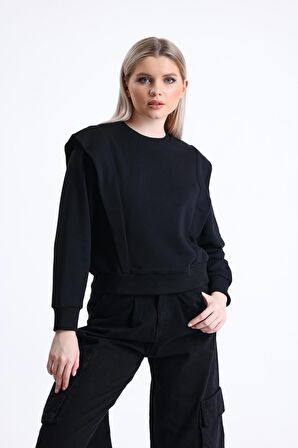 Siyah Omuz Detaylı Bisiklet Yaka Sweatshirt