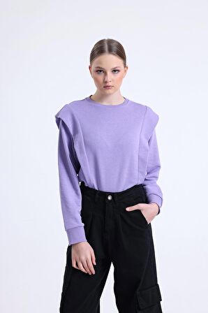 Lila Omuz Detaylı Bisiklet Yaka Sweatshirt