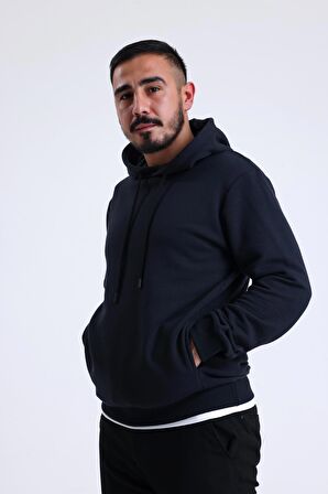 Lacivert Yandan Cepli Kapüşonlu Sweatshirt