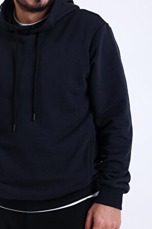 Lacivert Yandan Cepli Kapüşonlu Sweatshirt