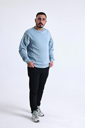 Gök Mavisi Parçalı Kaşkorse Detaylı Bisiklet Yaka Sweatshirt