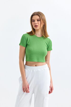 Yeşil Bisiklet Yaka Kısa Kollu Kaşkorse Crop Bluz