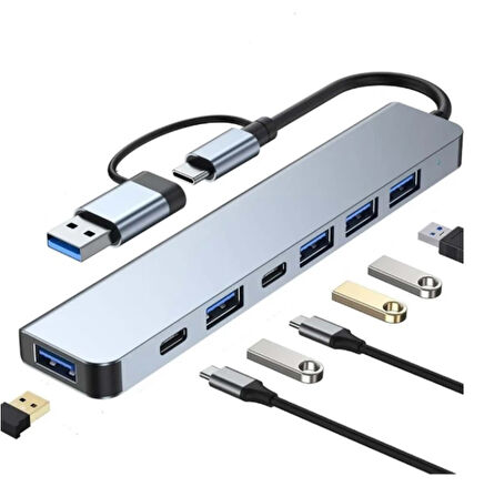 Plentiful Usb Hub 7 in 1 USB/Type-c To USB A, USB C, USB 2.0/3.0 Çevirici Adaptör Çok Portlu Tak Çalıştır Usb Çevirici