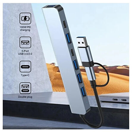 Plentiful Usb Hub 7 in 1 USB/Type-c To USB A, USB C, USB 2.0/3.0 Çevirici Adaptör Çok Portlu Tak Çalıştır Usb Çevirici