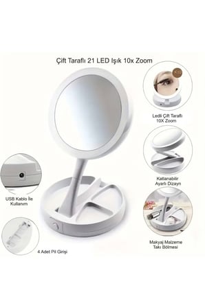 Plentiful Plentiful 10X Büyütme Çift Taraflı Katlanabilir 21 LED Işıklı Makyaj Aynası USB Kablo