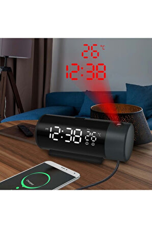 Plentiful Projeksiyonlu Silindir USB Güç LED Ekran Çalar Saat Sıcaklık Çift Alarm