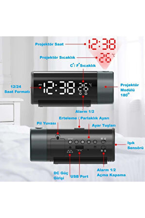 Plentiful Projeksiyonlu Silindir USB Güç LED Ekran Çalar Saat Sıcaklık Çift Alarm