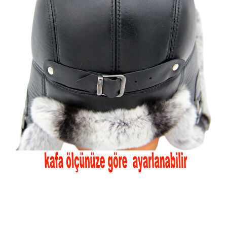 Gerçek Deri Tavşan Kürklü Ushanka Pilot Şapka Ayarlanabilir Tokalı Kışlık Outdoor Şapka Rex Model