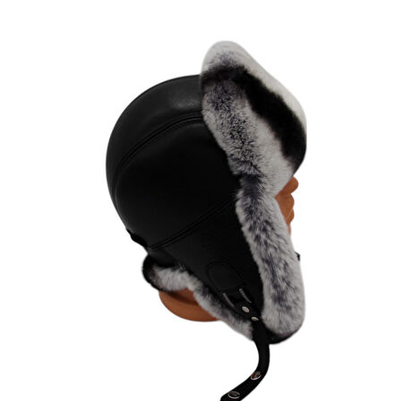 Gerçek Deri Tavşan Kürklü Ushanka Pilot Şapka Ayarlanabilir Tokalı Kışlık Outdoor Şapka Rex Model