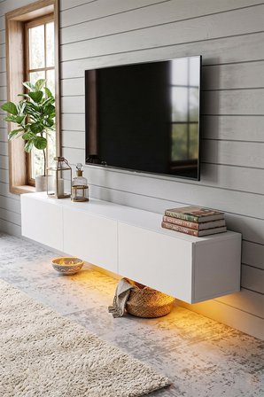 Pureline Tech Led Işıklı TV Ünitesi 180 cm - Modern TV Sehpası - Beyaz