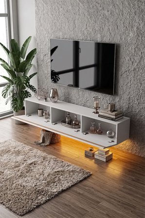 Pureline Tech Led Işıklı TV Ünitesi 180 cm - Modern TV Sehpası - Beyaz