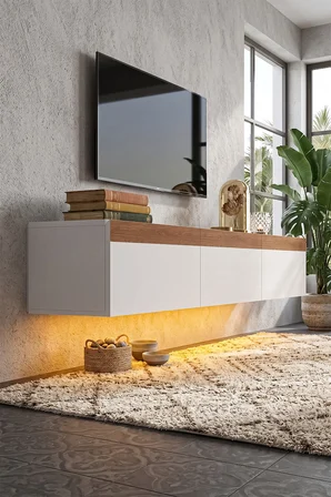 Pureline Tech Led Işıklı TV Ünitesi 180 cm - Modern TV Sehpası - Beyaz