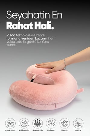 Peluş Yolculuk Yastığı - Rahat %100 Visko Ortopedik Boyun Yastığı - Seyahat Yastığı - Pembe