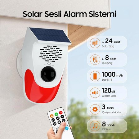 Güneş Enerjili Sesli Işıklı Alarm - Uzaktan Kumandalı, 120 dB sirenli, IP65 Su Geçirmez, Bahçe, Ev İşyeri Güvenlik Alarmı