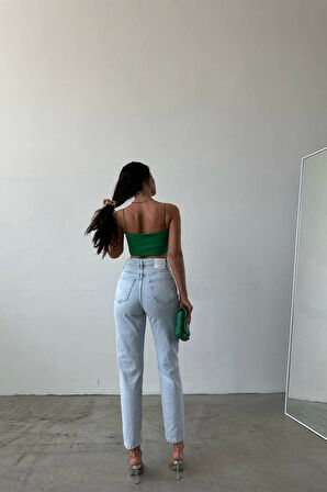 Premium Yırtık Detay Buz Mavi Mom Jeans