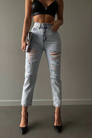 Premium Yırtık Detay Buz Mavi Mom Jeans