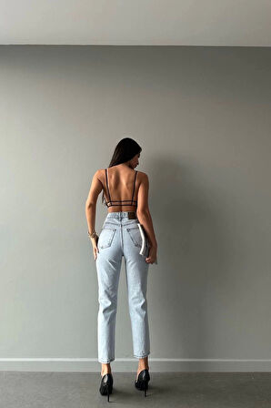Premium Yırtık Detay Buz Mavi Mom Jeans
