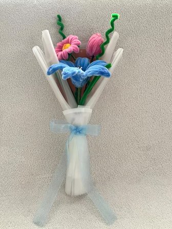 Crystal Coza El Yapımı Solmaz Şönil Çiçek Buketi - Hediyelik & Özel Günler İçin Mini Aranjman, Pembe-Mavi Çeşitleri