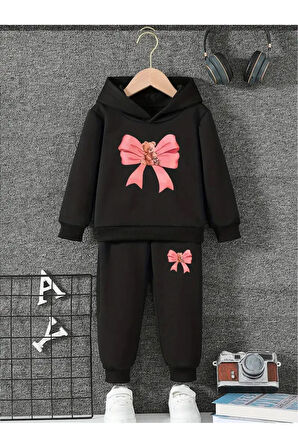 PEMBE RENK AYICIK KURDELE BASKILI ÇOÇUK ALT ÜST EŞOFMAN TAKIMI