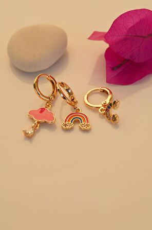 Pembe Bulut Gökkuşağı 3'lü Küpe Seti