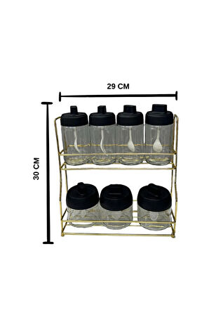 Metal Standlı Gold 7 Li Cam Kavanoz ve Baharatlık Seti