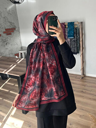 Rose Gül Desen Bordo Şal