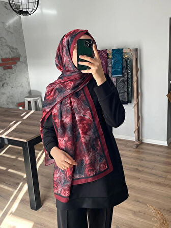 Rose Gül Desen Bordo Şal