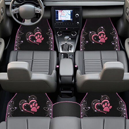 Kadınlara Özel Nakış İşlemeli Taşlı Kalp ve Köpek Pati Desenli Oto Paspas Seti – Şık ve Dayanıklı