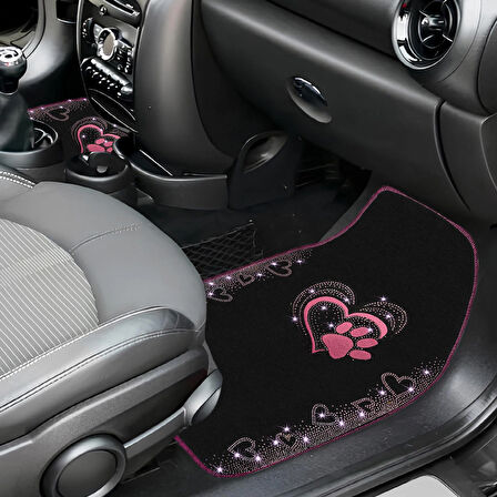 Kadınlara Özel Nakış İşlemeli Taşlı Kalp ve Köpek Pati Desenli Oto Paspas Seti – Şık ve Dayanıklı