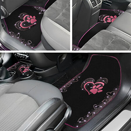 Kadınlara Özel Nakış İşlemeli Taşlı Kalp ve Köpek Pati Desenli Oto Paspas Seti – Şık ve Dayanıklı