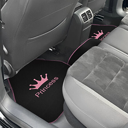 Prenses Gibi Arabana Hava Kat! Taç Desenli Pembe Nakışlı 5’li Oto Halı Paspas Seti